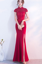 Long Split Front Qipao / Cheongsam Gown with Lace Top