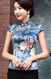 Blue Floral Printed Silk Qipao / Cheongsam Top