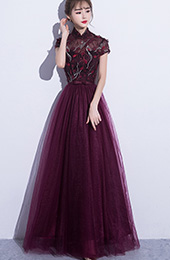 Embroidered Purple Qipao / Cheongsam Dress with Tulle Skirt