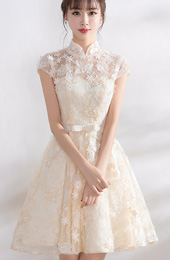 Bridesmaid Lace A-Line Illusion Qipao / Cheongsam Dress