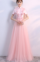 Pink Bridesmaids Appliques Qipao / Cheongsam Wedding Dress with Tulle Skirt