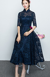 Blue Lace Qipao / Cheongsam Dress with Full Skirt