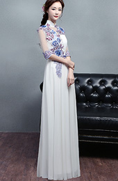 Custom Made White Embroidered Long Qipao / Cheongsam Dress