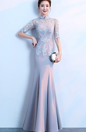 Gray Floor Length Mermaid Qipao /Cheongsam Dress