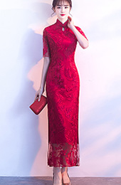 Embroidered Long Qipao / Cheongsam Dress with Split