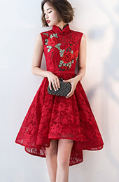 Red Lace Embroidered Qipao / Cheongsam Evening Dress with Dip Hem