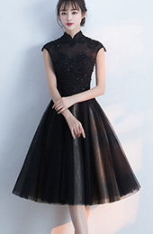 Black Midi Qipao / Cheongsam Evening Dress with Tulle Skirt