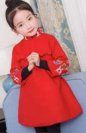Red Embroidered Quilt Kids Cheongsam / Qipao Dress