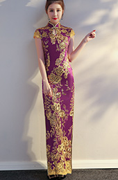 Purple Sequined Long Qipao / Cheongsam Evening Dress