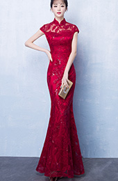 Wine Red Sequined Fishtail Qipao / Cheongsam Wedding Dress