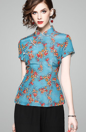 Blue Floral Printed Qipao / Cheongsam Top Blouse