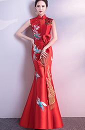 Embroidered Fishtail Qipao / Cheongsam Wedding Dress with Cutout Back