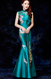 Green Embroidered Fishtail Qipao / Cheongsam Evening Dress with Cutout Back