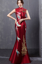 Wine Red Embroidered Fishtail Qipao / Cheongsam Evening Dress