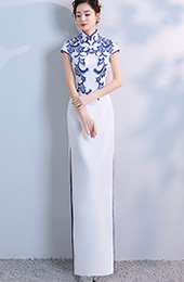 White Split Qipao / Cheongsam Evening Dress with Blue Embroidery