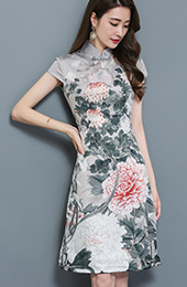 A-Line Bloom Printed Midi Qipao / Cheongsam Dress
