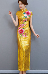 Golden Sequined Long Qipao / Cheongsam Party Dress with Split
