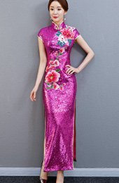 Fuchsia Sequined Long Embroidered Qipao / Cheongsam Party Dress with Split