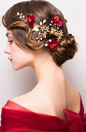 Red Blossoms and Alloy Pearl Hair Vine