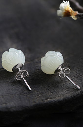 White Jade Flower Stud Silver Earrings