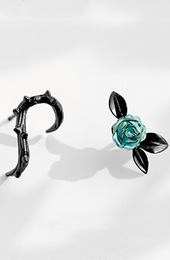 Mismatched Thorn Blue Rose Stud Earrings