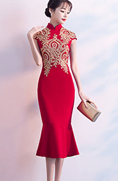 Red Golden Appliques Qipao / Cheongsam Dress with Frill Hem