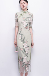 Green Embroidered Long Qipao / Cheongsam Party Dress