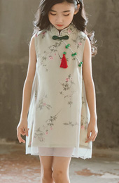 Green Floral Kids Girl Cheongsam / Qipao Dress