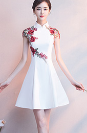 White A-Line Embroidered Qipao / Cheongsam Evening Dress