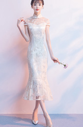 Champagne Midi Lace Qipao / Cheongsam Party Dress with Fishtail Hem