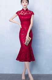 Wine Red Midi Qipao / Cheongsam Party Dress with Fishtail Hem