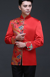 Red Traditional Chinese Men's Wedding Jacket with Woven Dragon