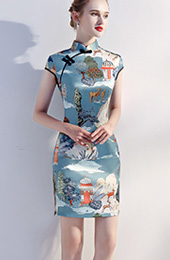 Blue Printed Short Chinese Qipao / Cheongsam Party Dress