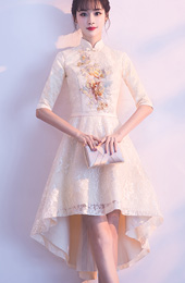 Beige Lace High Low Hem Qipao / Cheongsam Party Dress