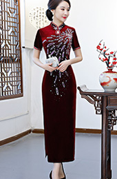 Burgundy Velvet Long Beaded Qipao / Cheongsam Dress