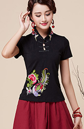 Black Stretch Embroidered Qipao / Cheongsam Blouse Top