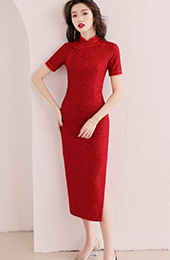 Red Lace Long Qipao / Cheongsam Party Dress with Slit
