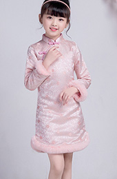 Pink Floral Kids Girls Qipao / Cheongsam Winter Dress