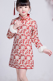 Red Woven Floral Kids Girls Qipao / Cheongsam Winter Dress