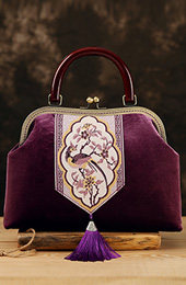 Wooden Handle Purple Embroidered Velvet Clutch Purse Bag