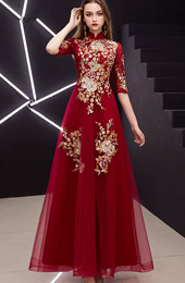 Red Embroidered A-Line Long Qipao / Cheongsam Dress