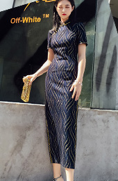 Gold Striped Blue Long Qipao / Cheongsam Dress