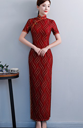 Gold Striped Red Long Qipao / Cheongsam Evening Dress