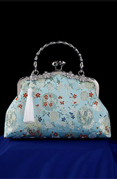 Blue Brocade Chain Top Handle Clutch Bag