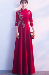 Floor Length Wine Red Embroidered Qipao / Cheongsam Dress