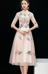 Bridesmaid Pink Embroidered Tulle Qipao / Cheongsam Dress