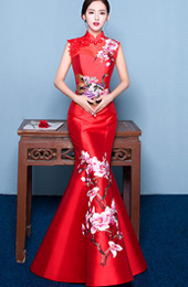 Custom Tailored Fishtail Qipao / Cheongsam Dress with Floral & Phoenix Embroidery