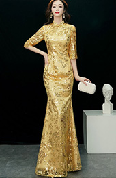 Gold Sequined Fishtail Qipao / Cheongsam Evening Dress