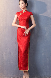 Red Woven Floral Long Qipao / Cheongsam Wedding Dress