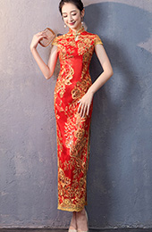 Red Sequined Long Qipao / Cheongsam Wedding Dress